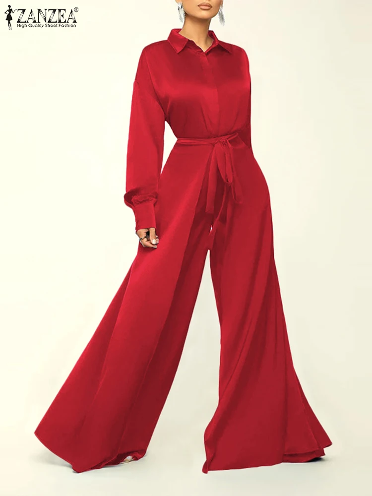 

ZANZEA Fashion Office Wide Leg Trousers Jumpsuits Womem Satin Long Lantern Sleeve Elegant Lapel Neck Belted Tracksuits Overalls