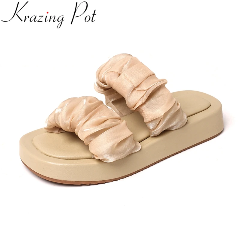 

Krazing Pot Fashion Silk Peep Toe Thick Bottom Summer Shoes Women Mules Casual Platform Elegant Lazy Slip On Outside Slippers