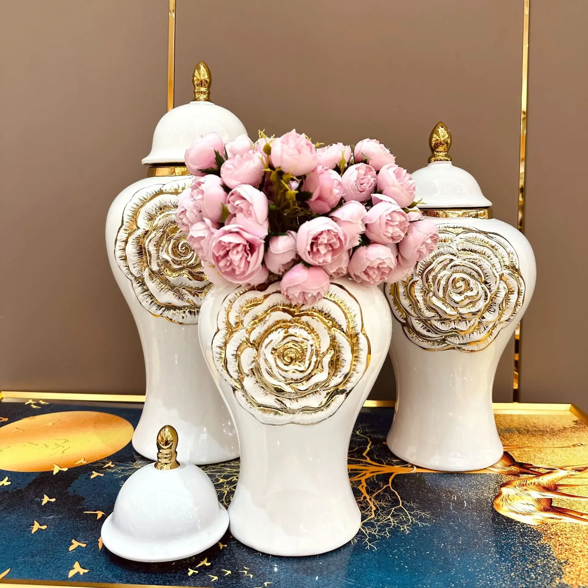 Gold Rose Relief General Can Ginger Jar Porcelain Storage Flower Vase Desktop Organization Home Decoration 3