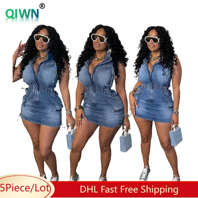 5PcsBulkWholesaleDenimDressWomenCasualStandCollarZipperPocketSleevelessMiniDresses