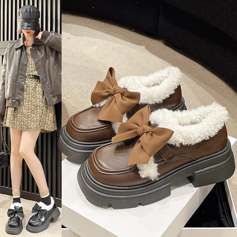 

Casual Woman Shoe Loafers With Fur Bow-Knot Female Footwear Oxfords Clogs Platform British Style Round Toe Slip-on Butterfly Win