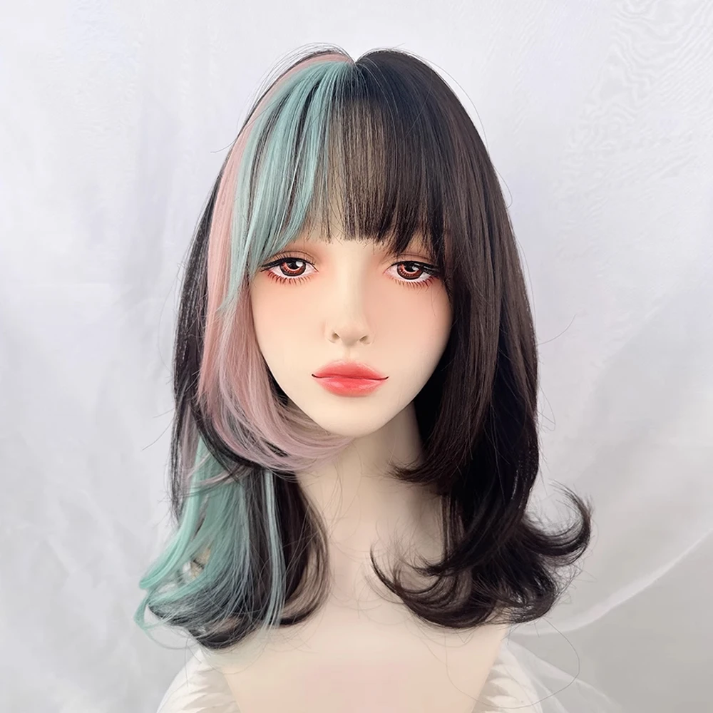 Synthetic Short Wavy Ombre Black Pink Blend Wig with Bangs Lolita Cosplay Women Fluffy Hair Wig for Daily Party