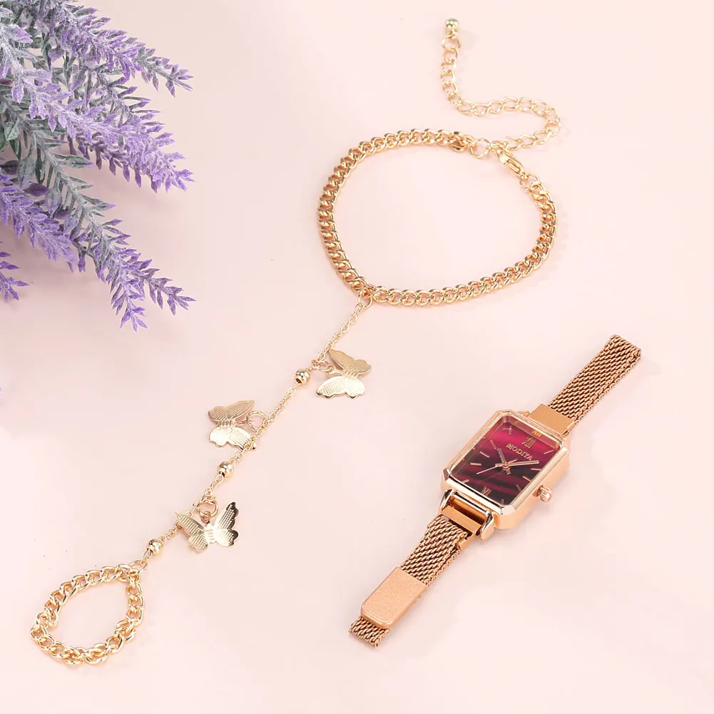 Luxury Ladies Watch Bracelet Gift Set with Box Fashion Square Quartz Wristwatch Butterfly Bracelet Best Gifts for Women Wife Mom