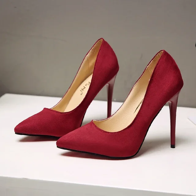 Big Size 43 Women's Boat Shoes Faux Suede High Heels Pointed Toe Pumps Stilettos Basic Pump for Female White Black Red 5