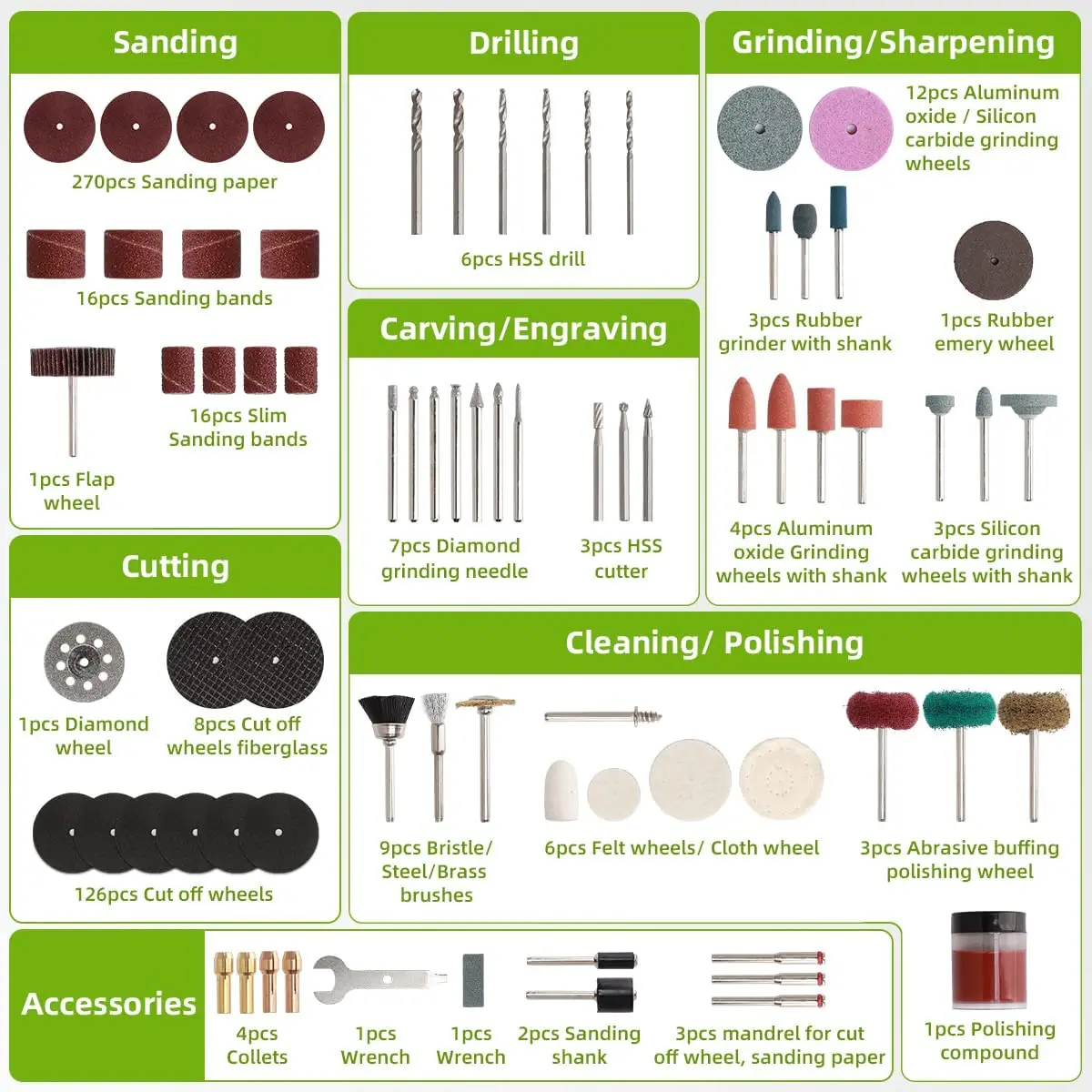 510PCS Rotary Tool Accessories Set Electric Mini Drill Bit Kit Sanding Polishing Cutting Engraving Heads for Dremel 3