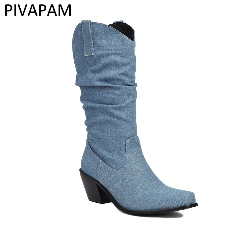 

Women's Blue Jeans Boots Square toe Block Heel Chunky Heels Slip on Western Cowboy Booties Blue Denim Shoes Ladies
