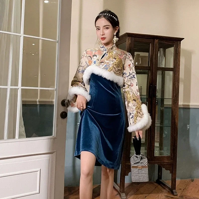 

Qipao Traditional Chinese Oriental Dress Women Cheongsam Modern Chinese Dress Qi Pao Thick Female Winter Sexy Asian Dress FF2555