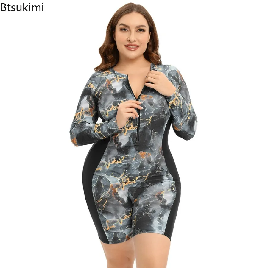 New 2024 Big Size Swimwear Women One Piece Flower Print Long Sleeve Diving Surfing Suits for Ladies Oversized Swimsuit Beachwear