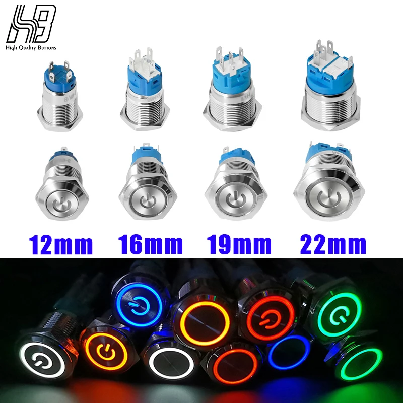 

Metal Push Button Switch On Off 12mm/16mm/19mm/22mm Momentary/Latching Wateroof Car Engine Power LED 12V 220V 3-6V