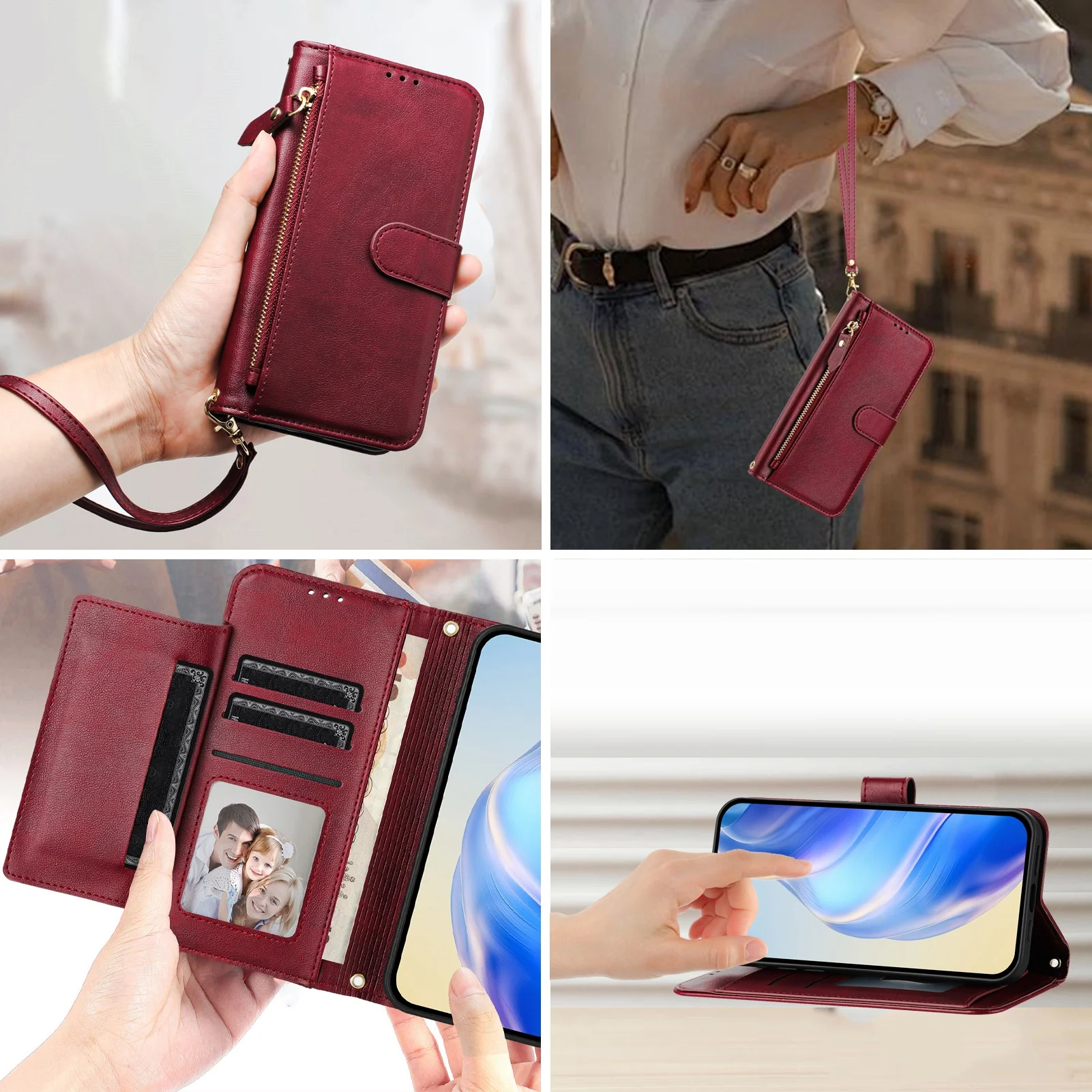 Strap Zipper Card Leather Wallet Case with Flip Cover