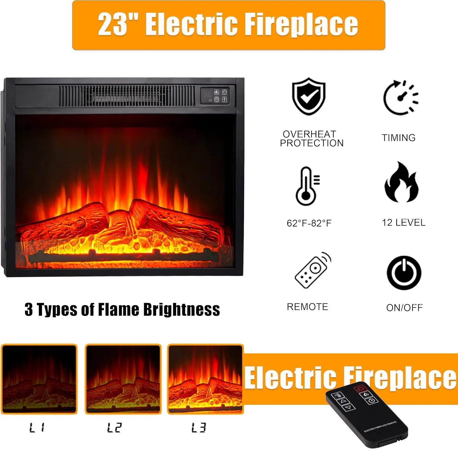 44Inch Electric Fireplace with Mantel, Fireplace Mantel with Stacked Stone Surround 6