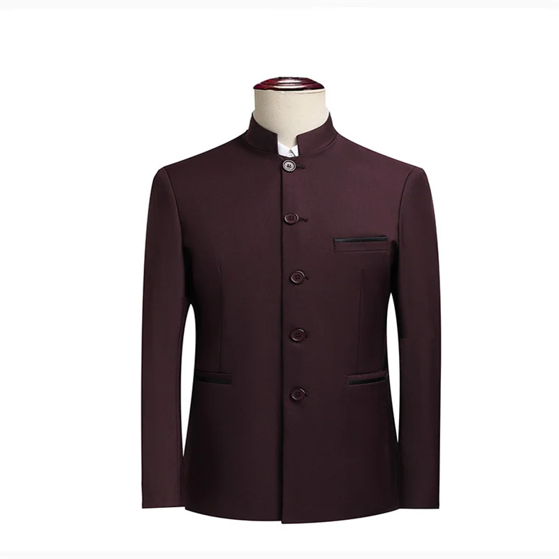 Men's Stand Collar Long Sleeve Suit Jacket, Asian Size M-6XL, Chinese-Style Slim Fit Blazer in Dark Blue/Red/Grey/Black/White