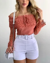 

Spring Women Guipure Lace Frill Hem Drawstring Top 2022 New Femme Casual Off Shoulder Blouse Office Lady Outfits Clothing traf