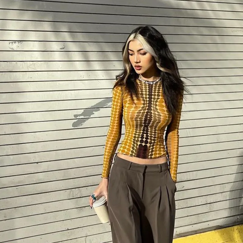 

Autumn New Product Best-Selling Fashion Street Polka Dot Print Slim Fit Midriff-Baring Long Sleeve TopTWomen's T-shirtBjd