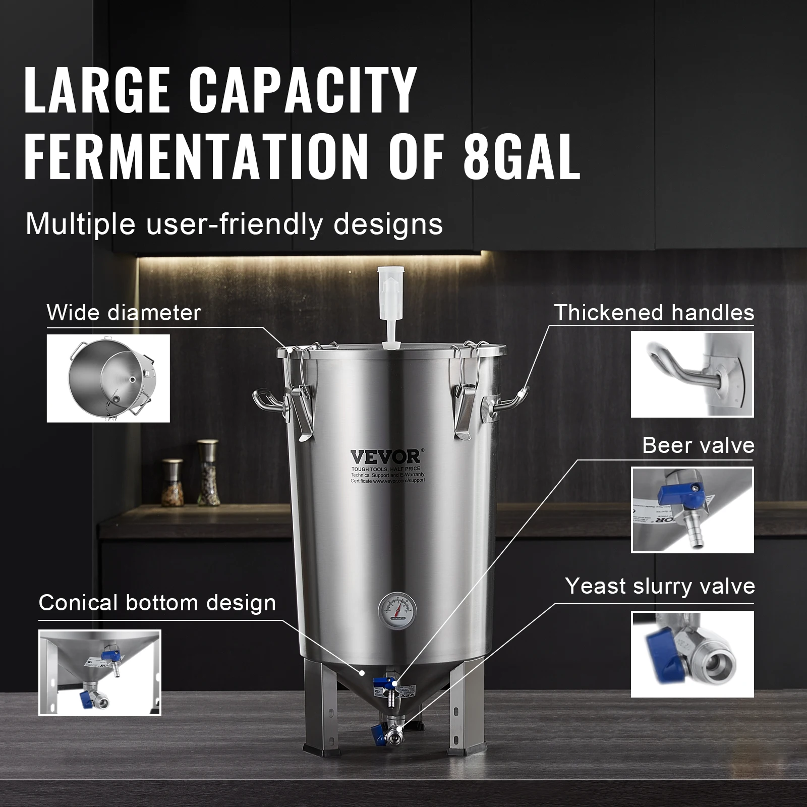 VEVOR 304 Stainless Steel Kettle, 8 GAL Beer Brew Fermentor, Brew Bucket Fermentor for Brewing, Home Brewing Supplies with Base 6
