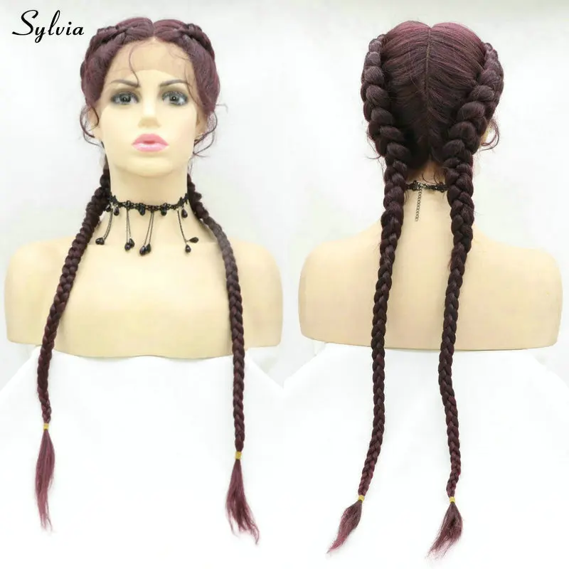 

Sylvia 99J Box Double Braided Synthetic Lace Front Wig with Baby Hair Wine Red 2x Twist Braids Natural Braids Wigs for Women 26"