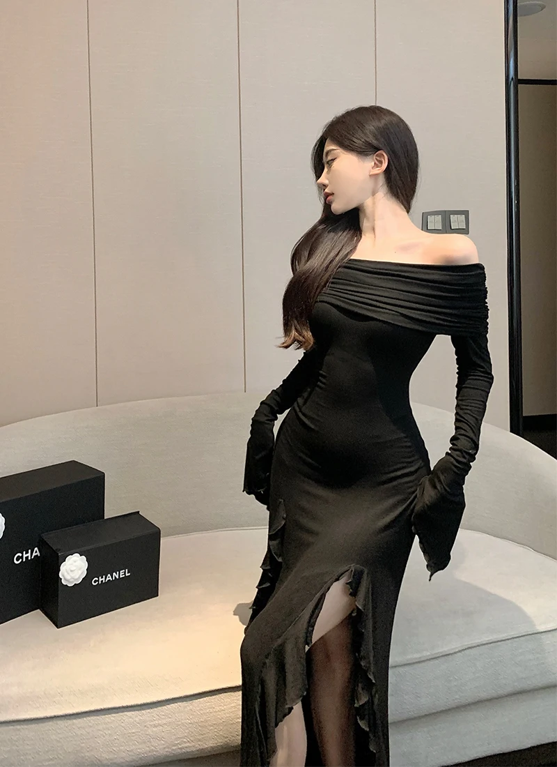 Sexy Bodycon Evening Dresses for Women Long Sleeves Slash Neck Ruffles High Slit Slim Korean Fashion One Piece Vestidos Mujer