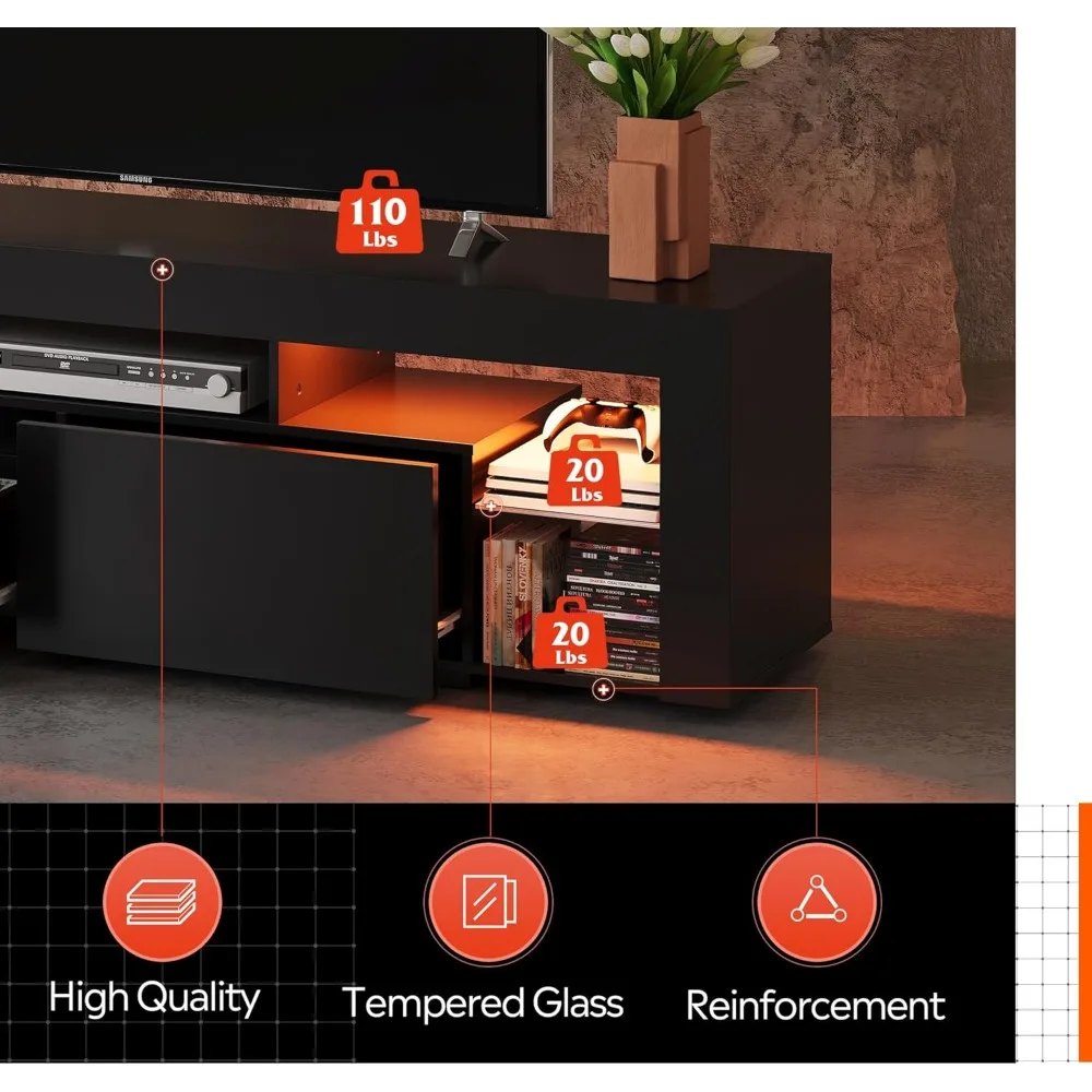 LED Entertainment Center for TV, Modern TV Console with 2 Drawers, TV Stands for Living Room 6