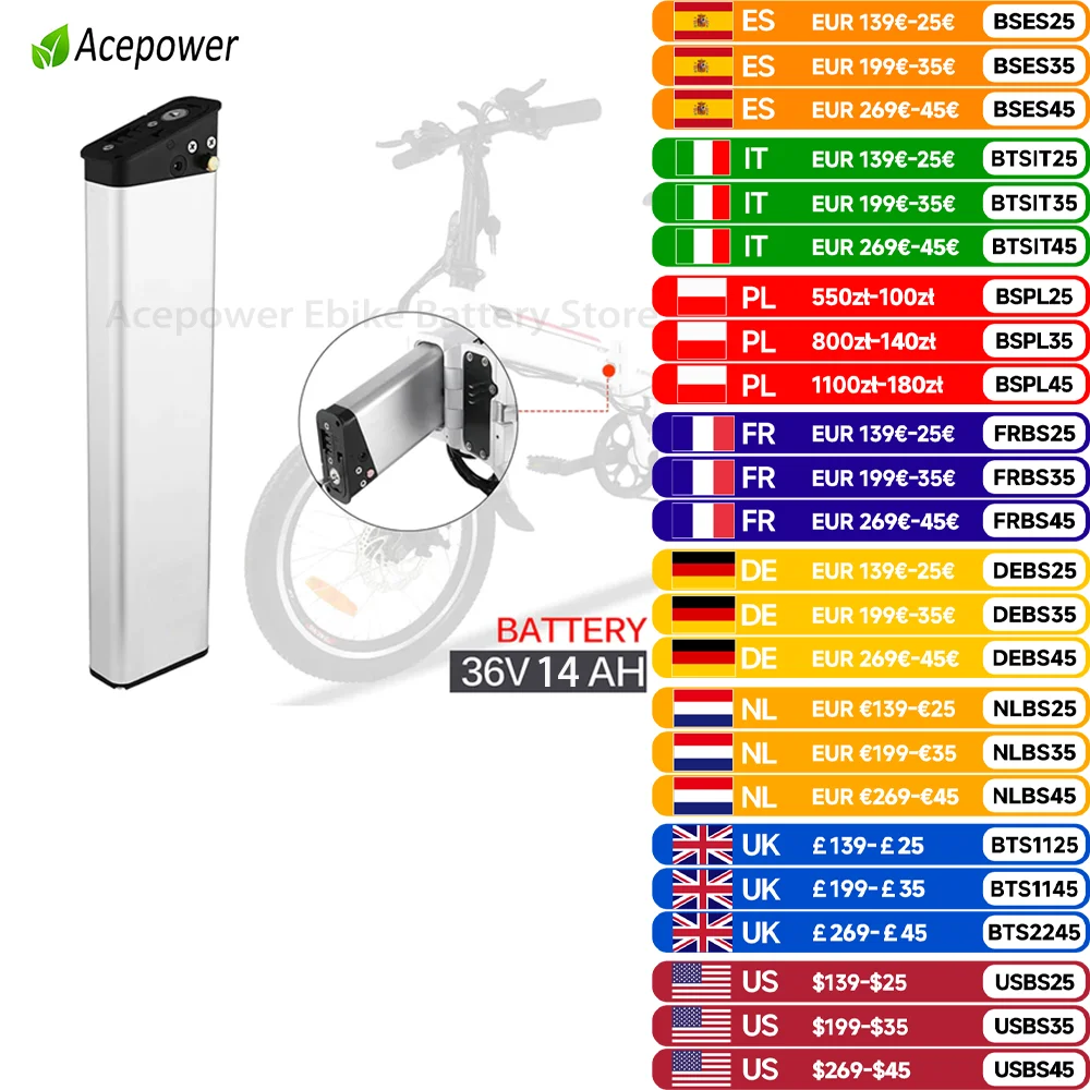 ANCHEER AM1908 36V 10Ah 14Ah Folding Electric Bicycle Battery ADO A16 Lankeleisi a6 DCH-014 36V 7.5Ah 9AH 10.5Ah EBike Battery