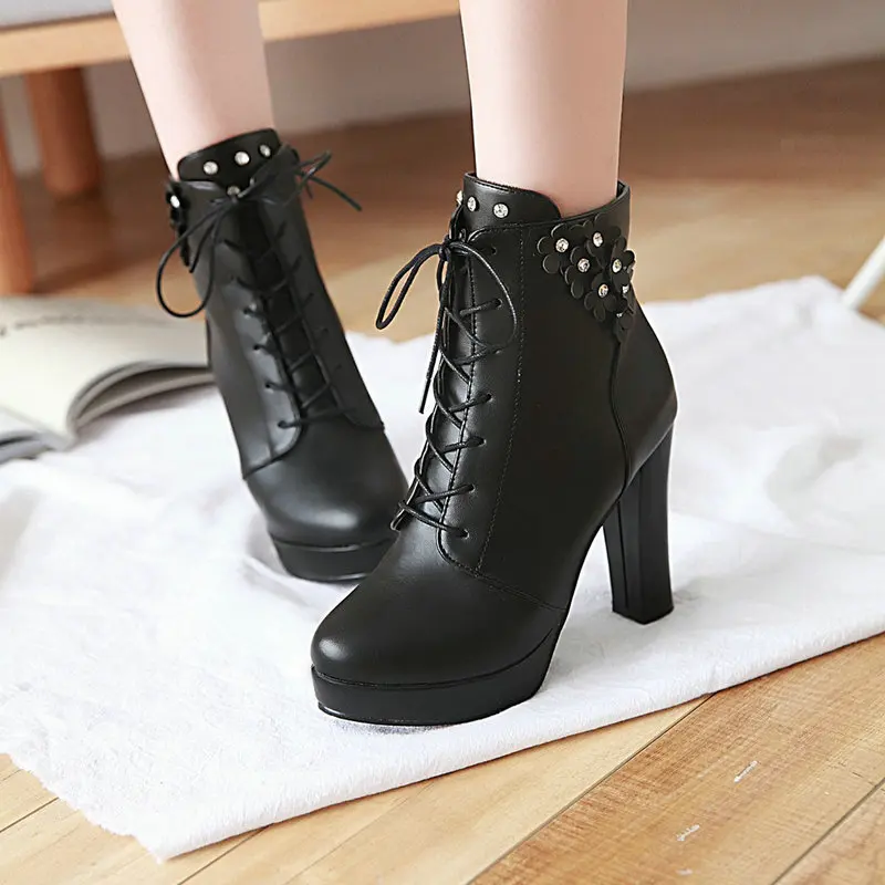 Women Ankle Boots Autumn Winter Round Toe Lace Up Chunky High Heel Shoes Platform Knight Short Boots Side Zipper Size 33-43