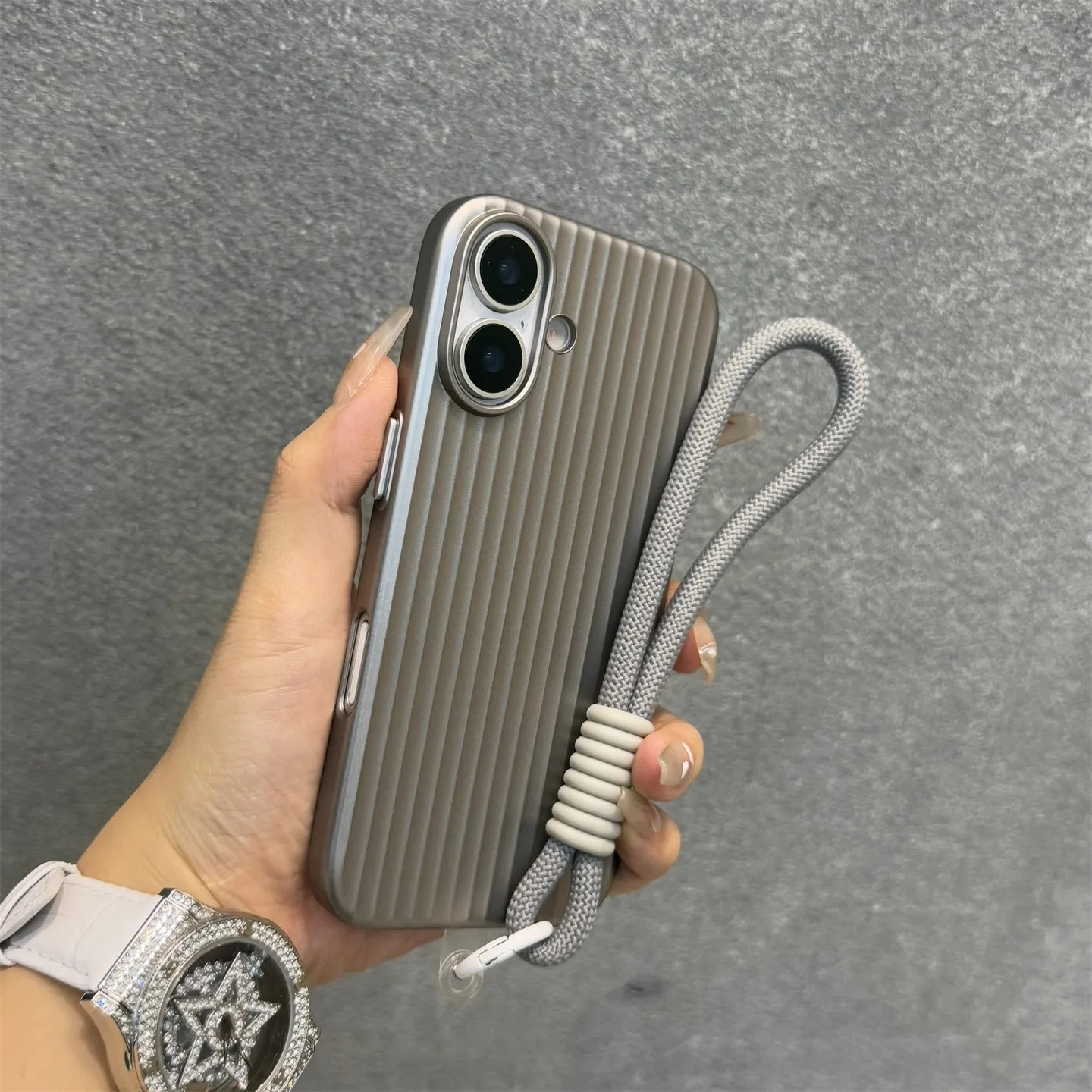 Luxury Titanium Gray Lanyard Phone Case with Metal Buttons and Grating Design