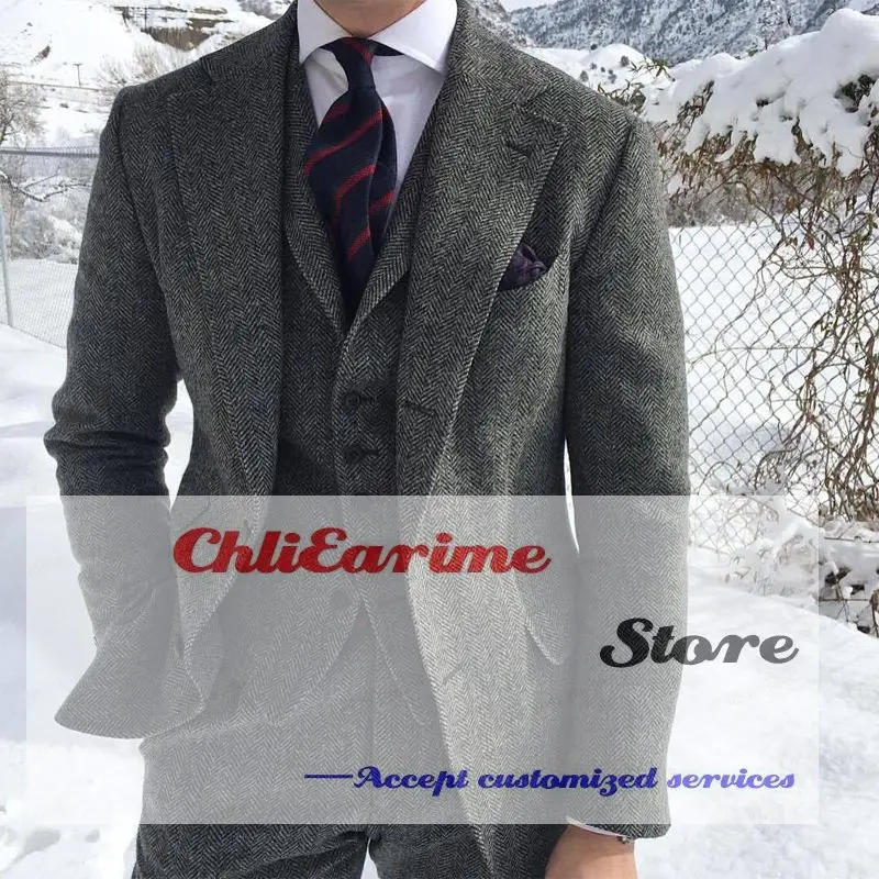 Wool Tweed Winter Men Suit's For Wedding Formal Groom Tuxedo Herringbone Male Fashion 3 Piece (Jacket +Vest +Pants)