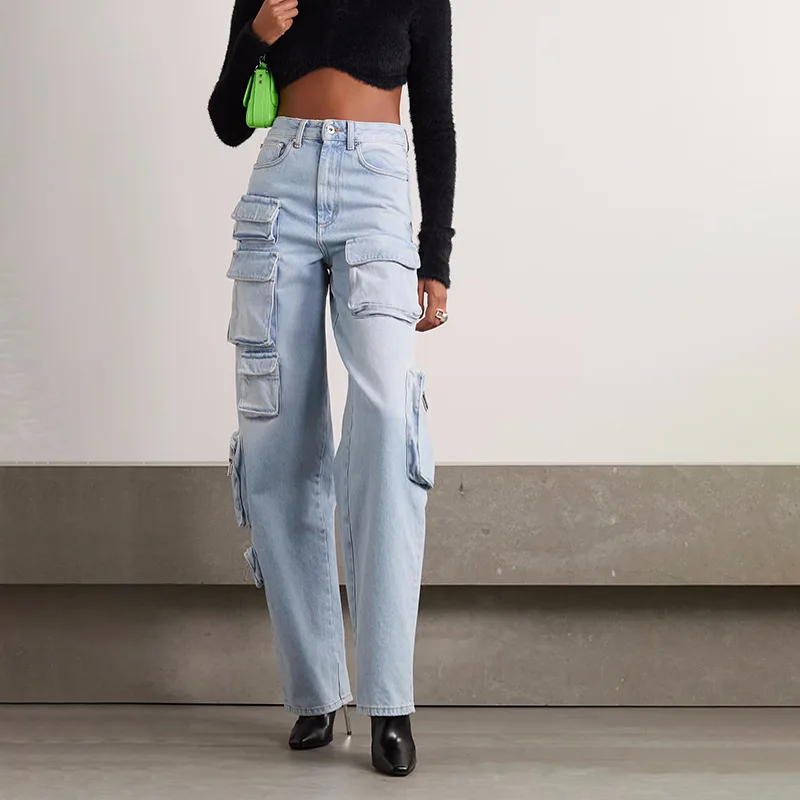

Vintage light blue washed high waist cargo jeans women's fall/winter 2023 new fashion zipper big pocket trousers