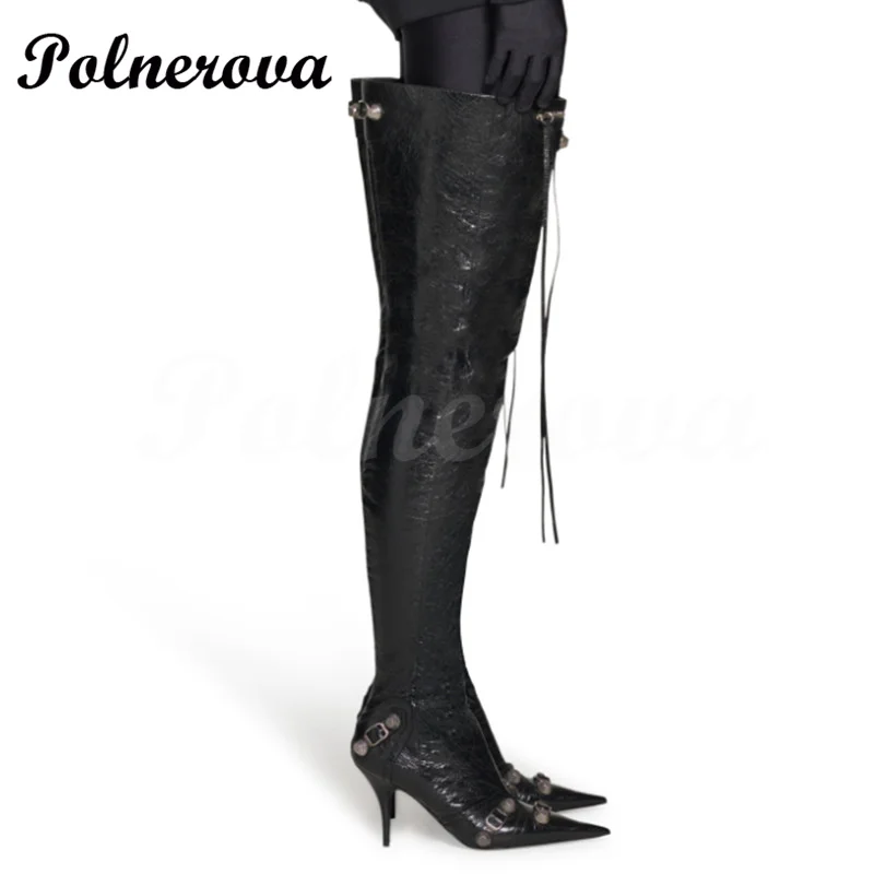 Rivet Pin Buckle Pointed Toe Over-The-Knee Boots Fpr Women Stiletto Super High Heel Side Zipper Large Size High Heels Booties