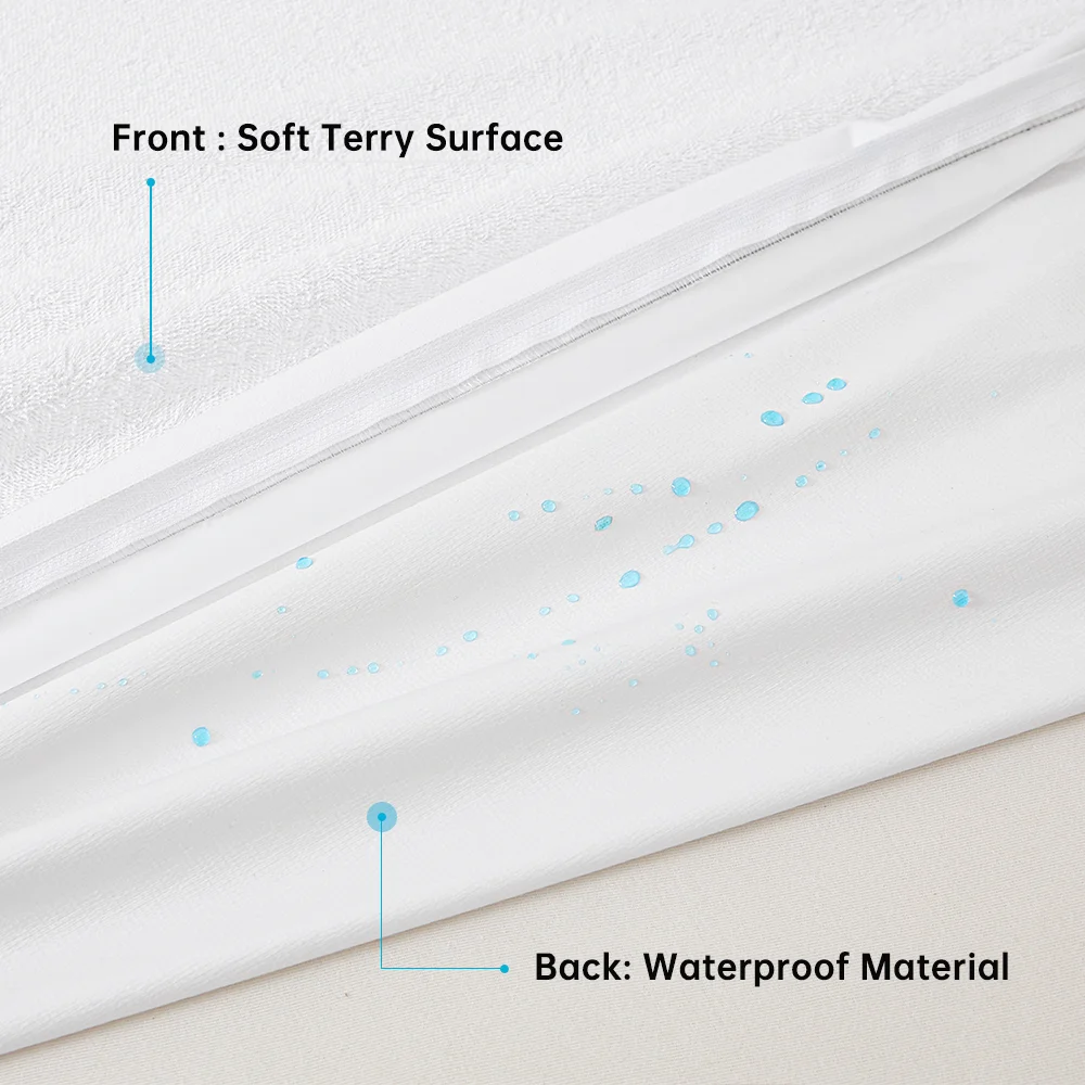 Waterproof Mattress Cover with Zipper, Ultra Soft Terry Surface, Thick Mattress Protector for Single or Double Bed