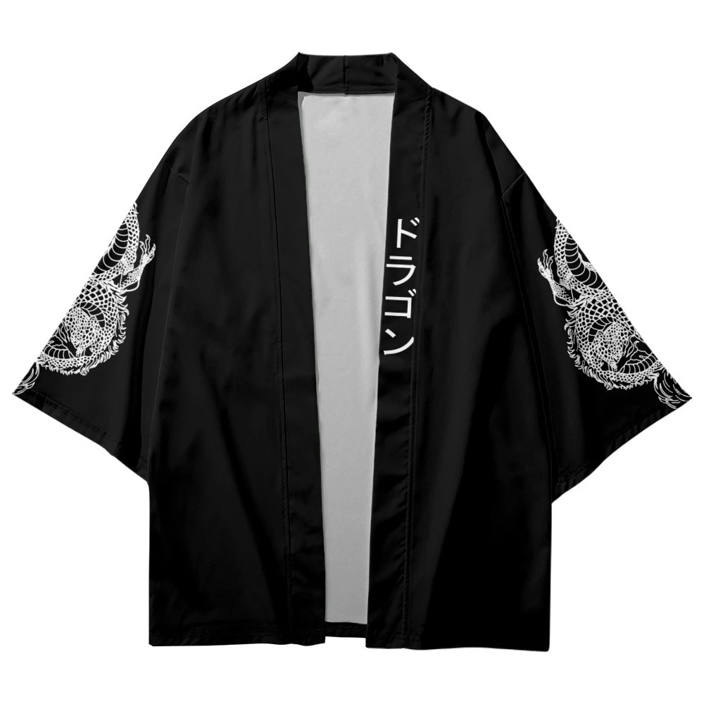 Manches Dragon imprimé noir Kimono ample japonais Streetwear Cardigan femmes hommes Harajuku Haori Cosplay t-shirts Yukata