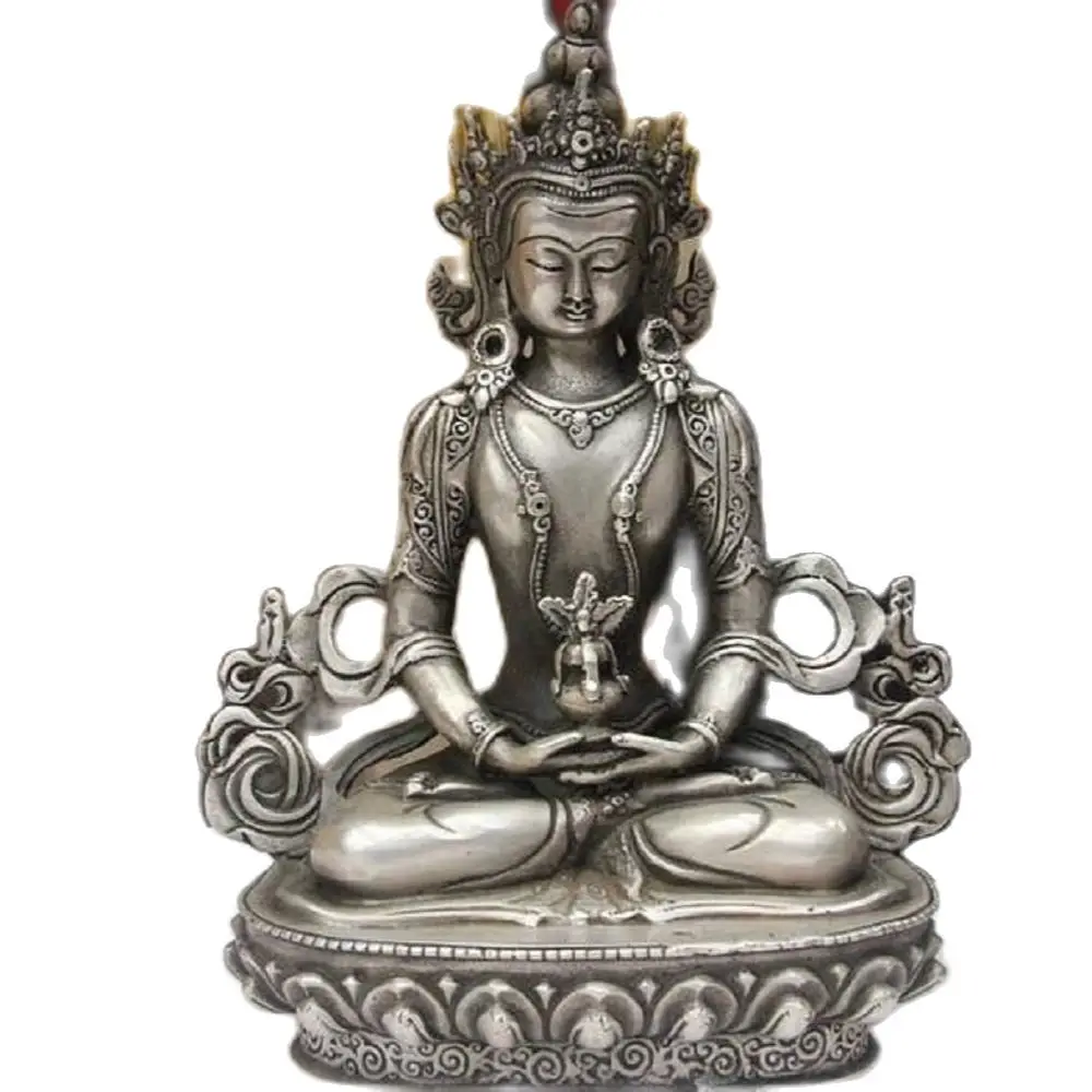 

21CM Tibet White Copper Silver Amitayus Longevity Kwan-yin Bodhisattva Goddess Statue