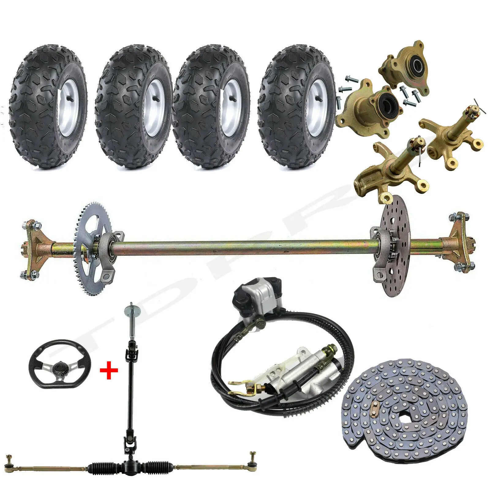 740mm Go Kart Trike Rear Axle Kit + 6" Wheels + Front Steering Assembly Tie Rod