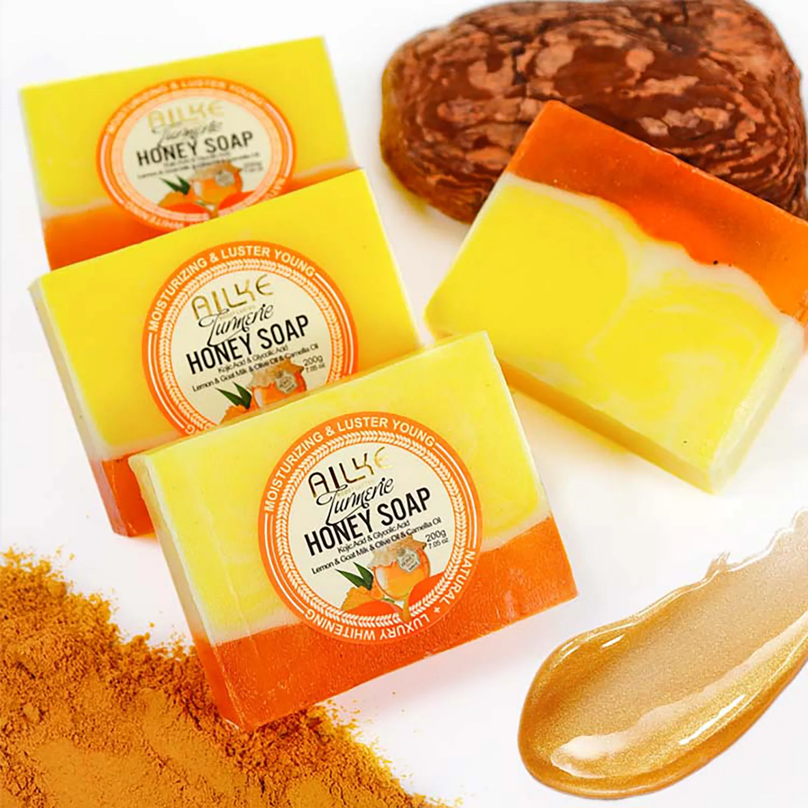 AILKE Natural Turmeric Honey Soap Bar, Whitening, Clean Skin, Remove Dark Spots, Stains, With Kojic Acid, Lemon, 200g/7 oz 4