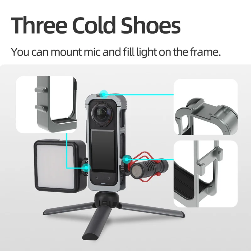 Upgraded Metal Frame for Insta360 X5 CNC Aluminum Shockproof Three Code Shoe Protective Cage with Lens Cover Magnetic Adapter