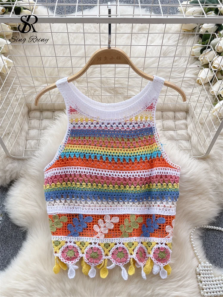 SINGREINY Bohemian Rainbow Knit Tops Y2k Hooked Flower Hollow Out Sleeveless Sweet Summer Women Holiday Beachwear Colorful Camis - Image 3