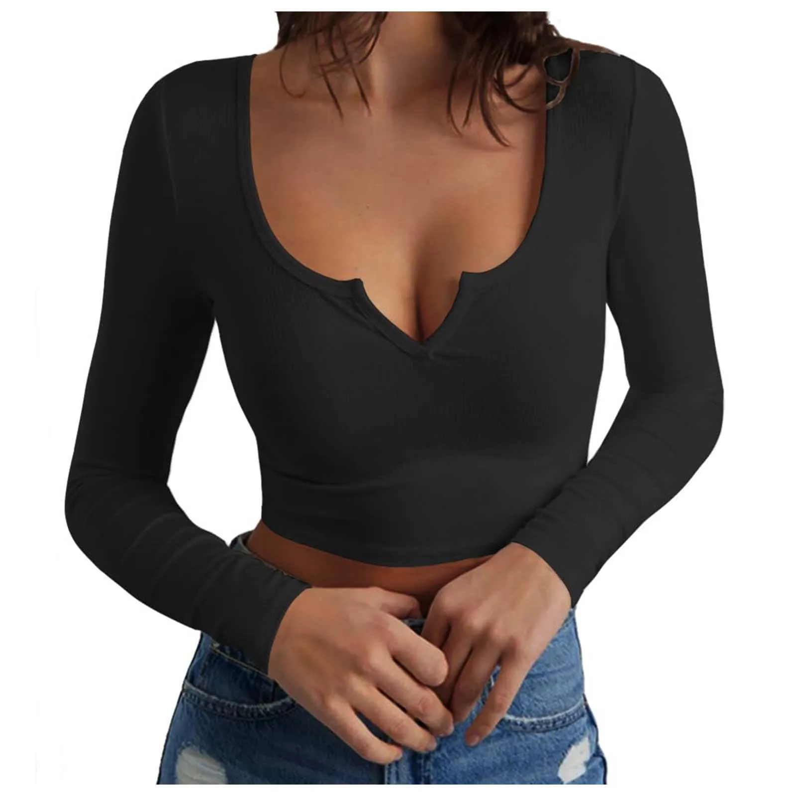 

Ribbed Solid Notch Neck T-Shirt Women Spring Summer Long Sleeve Solid Color Slim Fit Basic T-Shirt Fairy Grunge 90s Streetwear