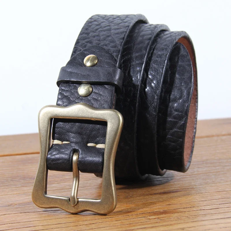 Genuine Cowhide Leather Belt with Brass Pin Buckle for Men