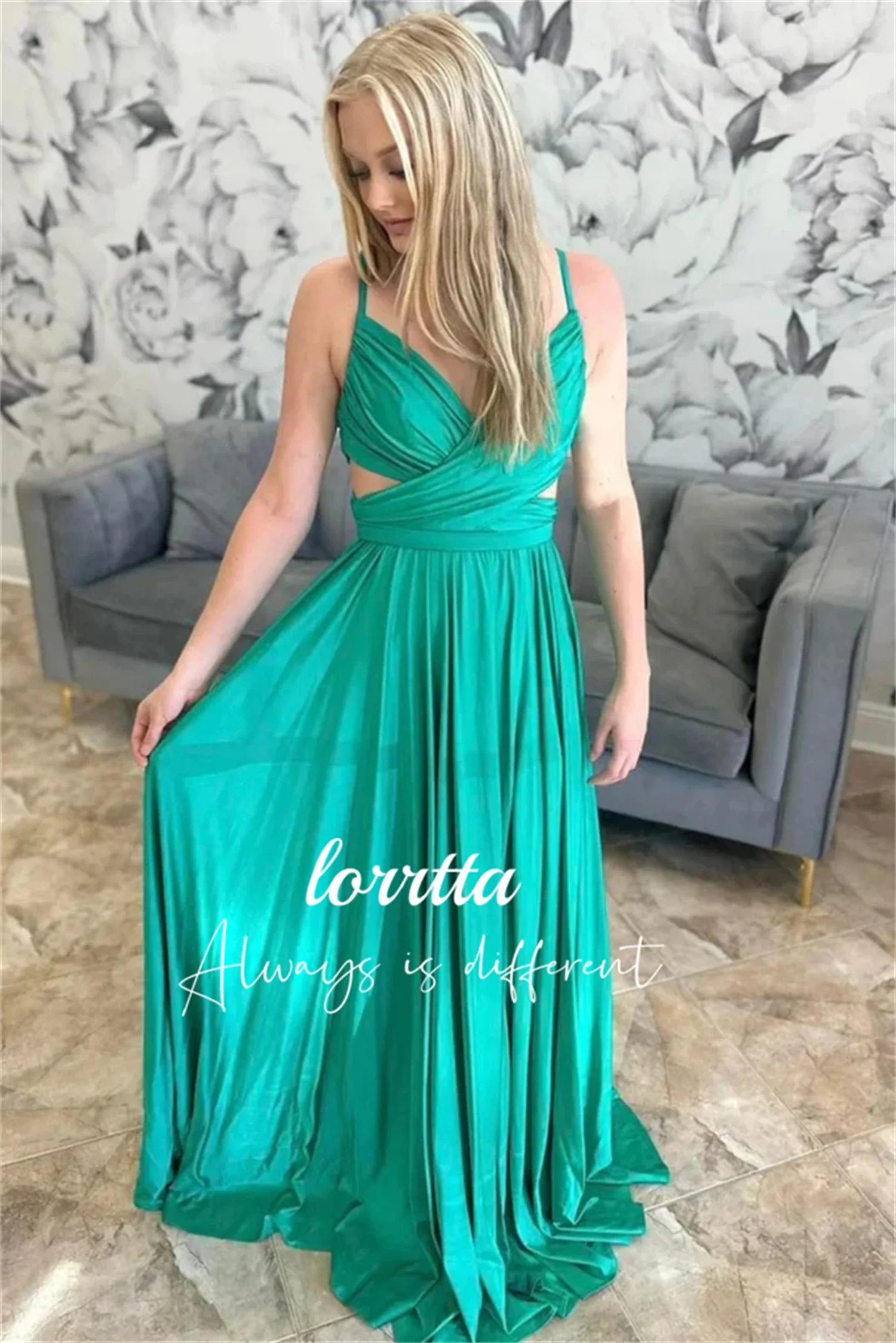 

Lorrtta Chiffon Green Cutout Cross Pleat Spaghetti Strap Prom Dress Dubai Party Dress Vestidos De Noche فساتين طويلة Para Mujer