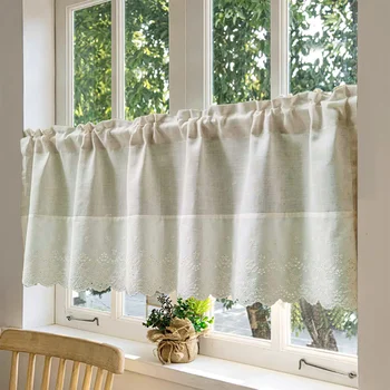 Mantovana per tende corte con giunture beige per cucina Barriera per caffè Misto lino naturale Semi-traslucido Piccola mezza tenda Voile 1