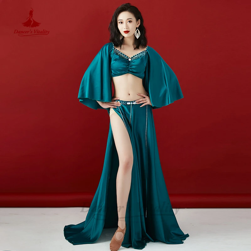 

Костюм для танца живота, топ с короткими рукавами + атласная длинная юбка, 2 шт., для женщин, костюм Восточной группы, одежда для танцоров