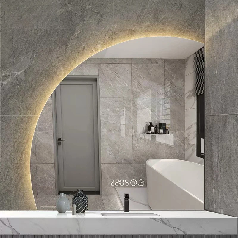 Bathroom mirror frameless touch sensor Bluetooth decorative wall mounted intelligent bathroom half moon mirror with LED light