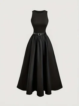 New Style Women's Dress, Professional Wear, Work Attire, Slim-Fit Dress, French Style, Elegant, Preppy Style, Sleeveless, Puffy Skirt, Long Dress, Solid Color, Women's Dress, Belt Not Included 1
