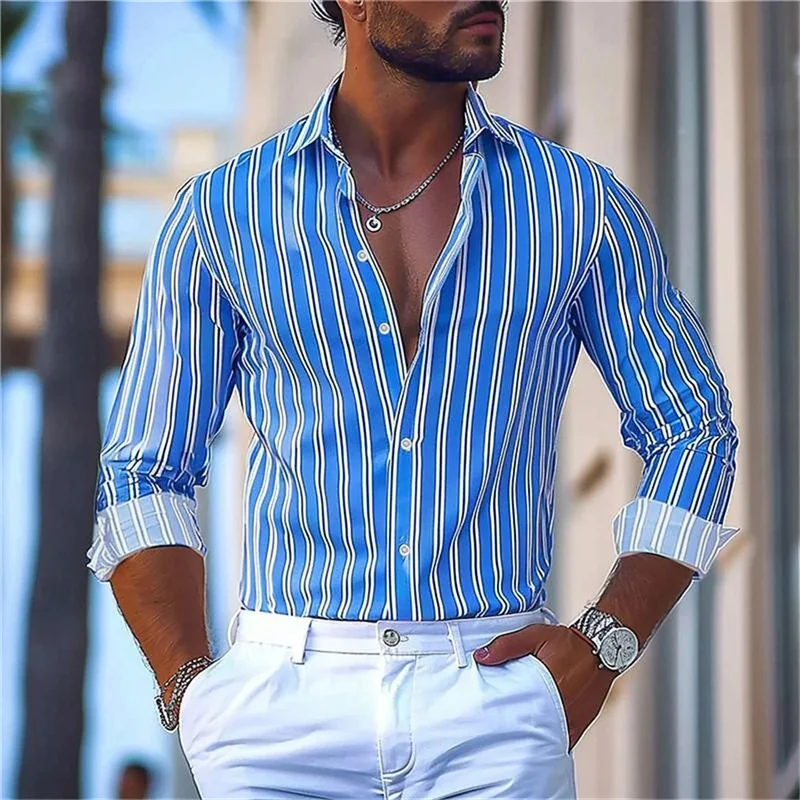 

9 colors striped men's shirt business casual outdoor top spring and summer lapel long-sleeved shirt fashion button design 6XL
