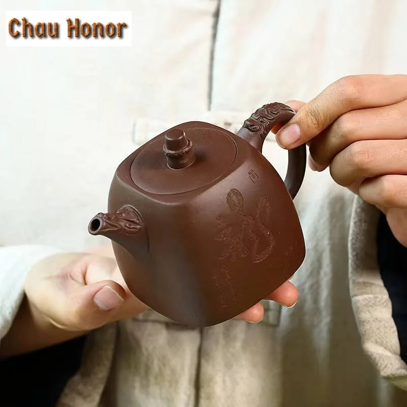 280ml Yixing Raw Ore Purple Mud Handmade Carving Ssangyong Zisha Teapot Household Chinese Kung Fu Teaset Tea Ceremony Drinkware