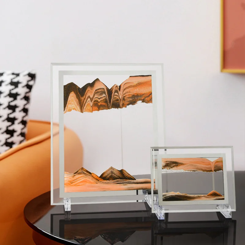 

3D Glass Sandscape Hourglass Moving Sand Art Picture Rectangle Glass Ornaments Desktop Decoration Quicksand Painting Home Decor