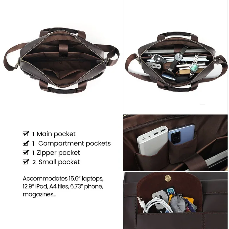 Genuine Leather Men's Briefcase Office Handbag Large Capacity Male Shoulder Messenger Bag Business 15.6 