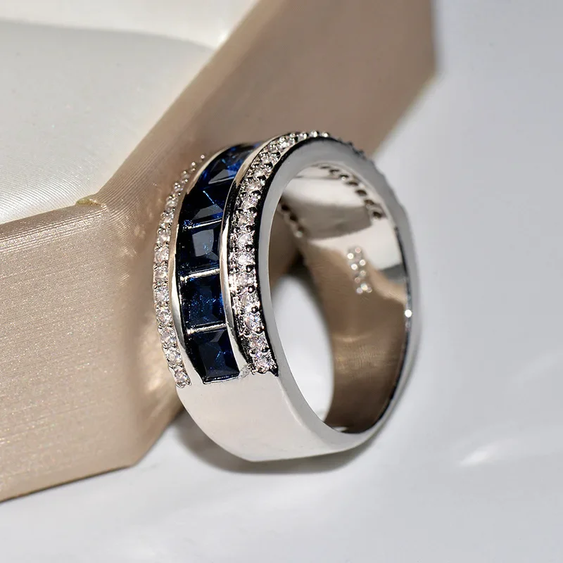 925 Sterling Silver Finger Ring Round Blue Square Cubic Zirconia Crystal For Women Wedding