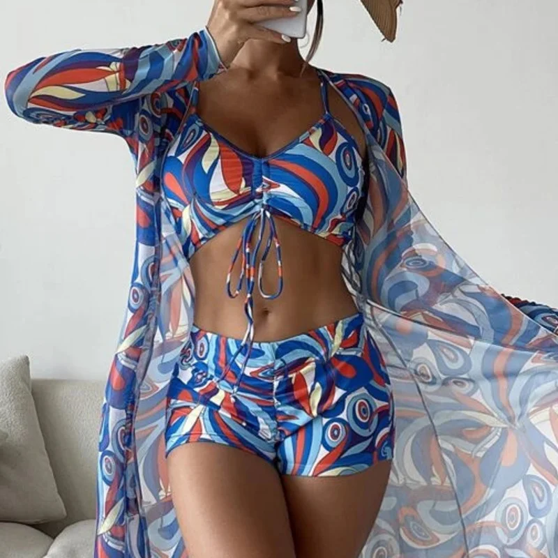 Summer Print Swimsuits Tankini Sets Female Swimwear Push Up For Beach Wear Three-Piece Bathing Suits Pool Women's Swimming Suit 6