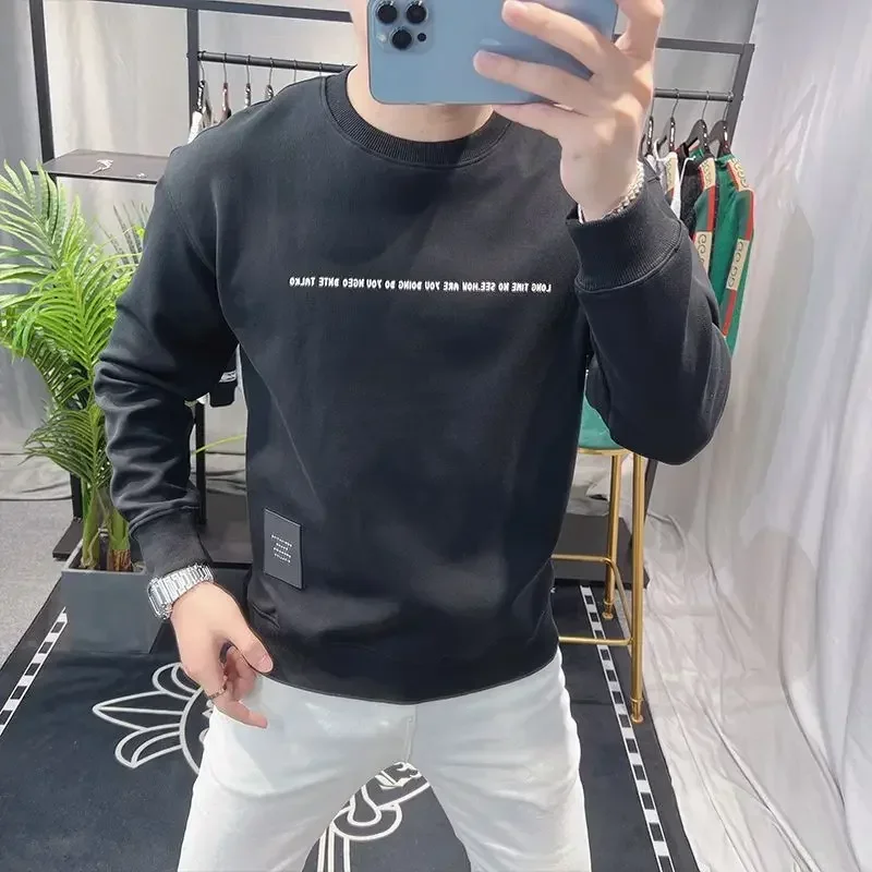 thumbnail image 1 of Sudadera con capucha y letras estampadas para hombre, ropa para hombre, sudadera ajustada sin capucha, jersey verde de alta calidad, estilo coreano, algodón, barata, 1 of 5