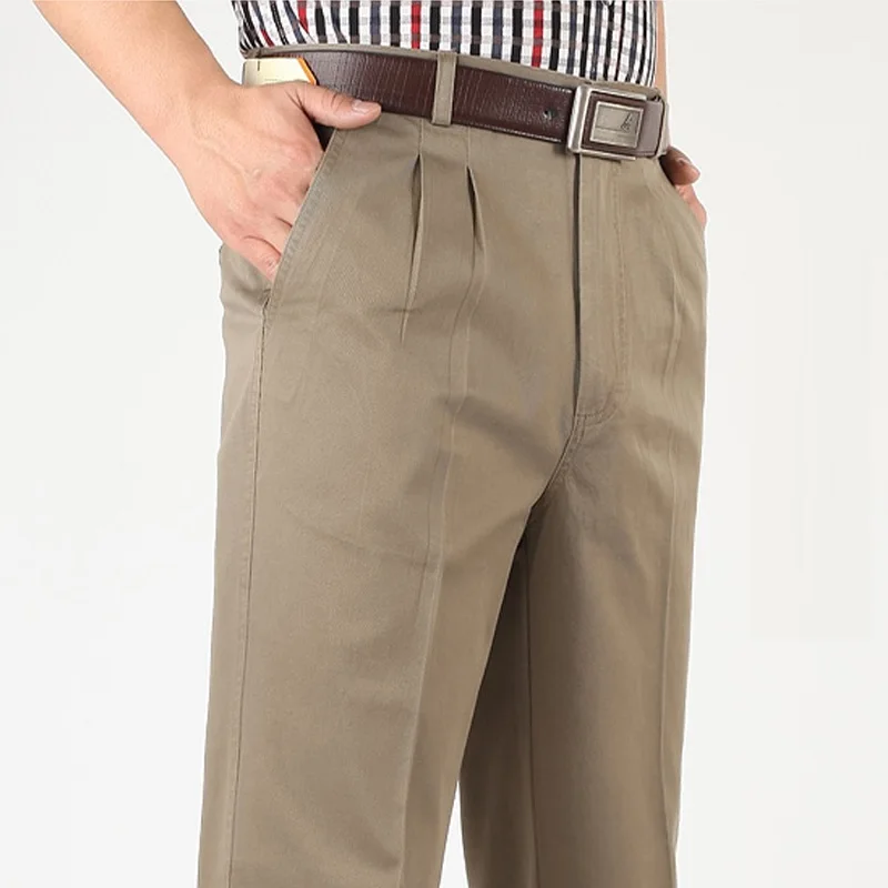 

Straight Loose Casual Pants Men Pleated Classic Basic High Waist Thick Autumn 100% Cotton Black Office Trousers 42 44 46